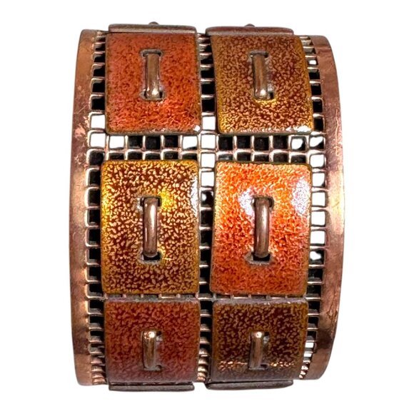 Vintage Matisse Renoir Copper Enamel Cuff Bracelet MCM Modern Grid Panel Design - Picture 4 of 11